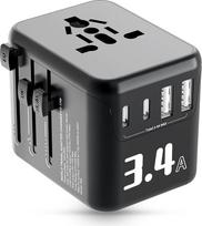 Alyvisun kelioninis kištukinis adapteris visame pasaulyje, su 2 USB-C ir 2 USB-A prievadais, 5 V/3,4 A/17 W tarptautinis kištukinis lizdas, kelioninis adapteris su dvigubais 10 A saugikliais - ES, JAV, JK, Australijai ir kt.