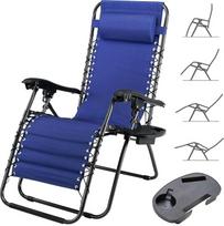 BAKAJI Gravity Zero Garden Lounger Sulankstomas erdvę taupantis krėslas su vamzdiniu padėklu Plieninis 22 mm pakreipiamas Oksfordo audinys Kvėpuojantis kiemas Lauko baseinas (mėlynas)