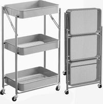 BAKAJI Pilkos spalvos virtuvės vežimėlis Plonas sulankstomas 3 pakopų metalinis vežimėlis su 4 ratukais 29 x 40 x 76 cm