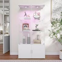 Balto stiklo vitrina su 4 lygiais, stiklinės vitrinos su užraktu, 78,5 × 35 × 164 cm, vitrina svetainei su LED stiklo vitrinomis, balta