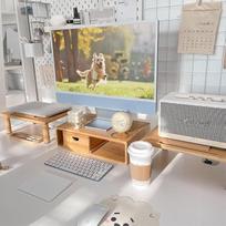 Bambuko dviguba monitoriaus lentyna 2 monitoriams, monitoriaus stovo pakyla, įskaitant stalui skirtų biuro reikmenų saugyklą ir kompiuterio monitoriaus atramas, sunkus televizoriaus stovas iki 130 svarų, natūralus