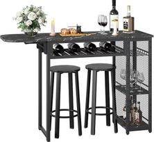 Baro stalo rinkinys, stalas su 2 baro kėdėmis, valgomojo stalas su vyno taurės laikikliu ir lentyna, pramoninio stiliaus virtuvės stalas, baro stalas barui, bistro ir svetainei (juodas)