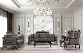 Barokinė sofa 3-3-1-1 + kavos staliukas Barokiniai baldai Juodas 5 dalių sofos komplektas Sofos ir sofos Rytietiški baldai Gyvenamasis kraštovaizdis