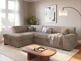 BROMARKT Kampinė sofa su miego funkcija 260 cm L formos smėlio spalvos kairės pusės sofa su lovos dėže sofa lova 3 vietų kampinė sofa lova Gyvenamasis kraštovaizdis velvetinis audinys