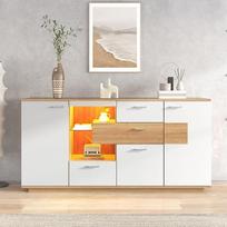 BTM Moderni spintelė su daug vietos, su LED apšvietimu, 160 x 40 x 77 cm, 2 durys, 4 stalčiai, stiklinė lentyna, medžio išvaizdos, balta, svetainės baldai, organizatorius, komoda