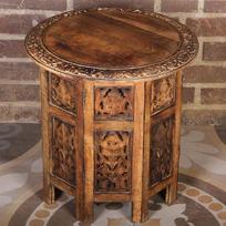 Casa Moro Soumaya rytietiškas šoninis staliukas 46 cm skersmens apvalus 46 cm aukščio 46 cm pagamintas iš mango medžio masyvo rudos spalvos rankomis raižytas rankų darbo staliukas Vintage sofos staliukas NH09201