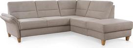 CAVADORE Wyk Kampinė sofa su spyruokline šerdimi / Kaimo stiliaus kampinė sofa su otomanu ir medinėmis kojelėmis / 238 x 90 x 213 cm / Žakardas, smėlio spalvos