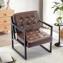 COLAMY Wingback fotelis, svetainė, odinis akcento fotelis, vidurio amžiaus modernus dirbtinės odos fotelis su metalinėmis kojomis svetainei, miegamajam, priimamajam, laukiamajam, rudos spalvos