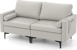 COSTWAY 2 vietų sofa, 2 vietų sofa-lova su atlošu, minkštas fotelis, svetainės sofa, metalinis rėmas, dvigulė sofa svetainei (šviesiai pilka)