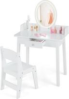 COSTWAY 2-in-1 vaikiškas tualetinis staliukas su taburete, tualetinis staliukas su apšvietimu, medinis tualetas su stalčiumi ir papuošalų organizatoriumi, kosmetikos staliukas "Princess" mergaitėms nuo 3 metų (baltas)
