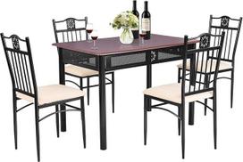 COSTWAY 5 dalių valgomojo stalo komplektas, valgomojo komplektas su 4 minkštomis kėdėmis, virtuvės stalas, bistro stalas, valgomojo kambario komplektas, 4 žmonėms, mediena virtuvei, valgomajam (ruda)