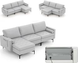 COSTWAY kelių derinių sofų kolekcija, modulinės sekcijos su USB prievadais ir kištukiniais lizdais, apverčiamas šezlongas, laikymo dėžė, L formos modulinė sofa svetainei, miegamajam, biurui, šviesiai pilka