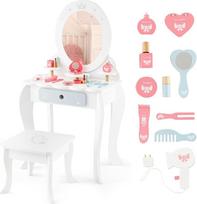 DREAMADE 2-in-1 vaikiškas tualetinis staliukas su 10 žaidimų priedų ir taburete, princesės tualetinis staliukas su stalčiumi ir 3 lentynomis, vaikiškas medinis tualetinis staliukas mergaitėms nuo 3 metų, baltas
