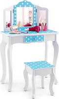 DREAMADE 2-in-1 vaikiškas tualetinis staliukas su taburete ir nuimamu veidrodžiu, princesės tualetinis staliukas su stalčiumi, medinis kosmetinis staliukas, vaikiškas makiažo staliukas mergaitėms (Polka Dot Blue)