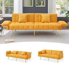 DRIXNO Dviejų vietų daugiafunkcinė sofa-lova su lovos funkcija, reguliuojamu atlošu ir daugiafunkciniais porankiais. Išskleidžiama sofa-lova svetainei, veliūro užvalkalas, geltona spalva