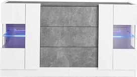 Elegantiška komoda su 2 durelėmis ir 3 stalčiais - blizgūs balti priekiai ir pilkas marmuras, 16 spalvų LED apšvietimas, 140 x 35 x 75 cm