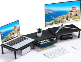 ETHU Dviejų monitorių stovas, reguliuojamo aukščio ekrano stovas 2 monitoriams, reguliuojamas monitoriaus stovas su stalčiumi ir telefono laikikliu, monitoriaus stovo ilgio ir kampo reguliavimas