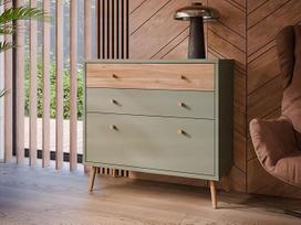 FORTE Harllson lengvai surenkama EasyKlix komoda su 3 stalčiais, šalavijo spalvos, su medžio dekoru: Mauvella ąžuolo, skandinaviško modernaus stiliaus, komoda 90 cm pločio x 86 cm aukščio x 41 cm gylio