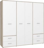 FORTE MOKKARO 200 210 drabužių spinta Miegamojo spinta su sukamosiomis durimis, 4 durys, 4 stalčiai, lentynos ir drabužių bėgelis, balta, 206 cm pločio x 200 cm aukščio x 53 cm gylio