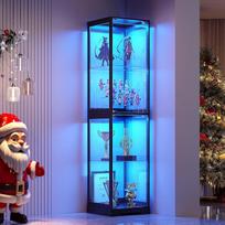 FREDEES vitrina su 3 LED lemputėmis ir žmogaus kūno jutikliu, 65 colių aukščio 4 aukštų ir stiklinė vitrina su durelėmis, knygų spinta kolekcionuojamiems daiktams, juoda