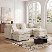 GRAVFORCE Kampinė sofa su miego funkcija, 240 cm, U formos, didelė 3 vietų su 1 taburete, sofa, modulinė didelė sofa, šenilinė sofa su gilia sėdyne, skirta svetainei, butui, biurui (smėlio spalvos, 240 cm)