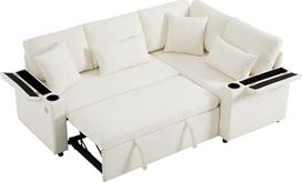 HAINEW Kampinė sofa su miego funkcija ir gėrimų laikikliu, 4 sėdimų vietų L formos sofa-lova svetainei ir miegamajam, 209 x 130 x 84 cm, šenilinis audinys, paslėpta lentyna porankiuose (smėlio spalvos)