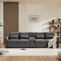 HAINEW Moderni 4 vietų sofa-lova su konsole ir 2 gėrimų laikikliais, lininio audinio minkštasuolis, minkšti baldai su porankiais ir 4 pagalvėlėmis svetainei, namams, biurui, pilka spalva