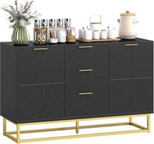 HOMCOM Sideboard Šiuolaikinis dizainas Grafinis 2 spintos Durys Reguliuojamos lentynos 3 stalčiai Stumdomos durys iš medžio Juodas metalas Auksu dengtas