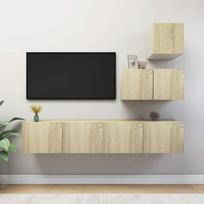 Homgoday TV rinkinys 4 dalių Sonoma ąžuolo medžio drožlių plokštės svetainės televizoriaus baldai TV spintelė Kavos staliukas Svetainės staliukas TV stovas pramoninei svetainei