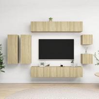 Homgoday TV baldų komplektas 8 dalių Sonoma ąžuolo medžio drožlių plokštės TV spintelė Žema TV spintelė Kavos staliukas Pramoninis svetainės staliukas TV stovas