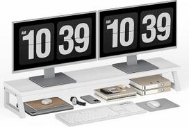 HOOBRO EWW121CJ01 medinis monitoriaus stovas 2 monitoriams, 100 x 24 x 12,5 cm, dviejų monitorių stovas, ekrano stovas, stalinė lentyna biurui ir namams, baltos spalvos