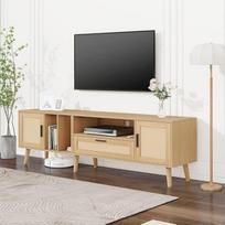 HYUB Retro TV spintelė, skirta televizoriams iki 85 colių, pinta iš rotango, TV lenta su daug vietos, TV staliukas, TV spintelė svetainėje, žema lenta su durimis ir 2 stalčiais, medžio spalvos