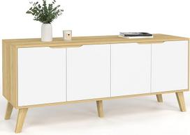 IDMarket - Skandinaviška žemų lentynų lentynėlė 140 cm Finn Wood, buko spalvos, 4 baltos durys