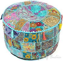 Indijos akys - 22 x 12 Mėlynas lopas apvalus Osmanų pufas Grindų sėdimoji dalis Bohemiškas akcentas Boho Chic Indijos rankų darbo