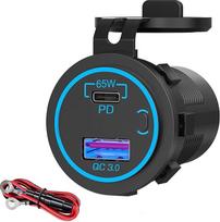 Intckwan 12V USB lizdas, 83 W, trijų prievadų įkroviklis su greituoju įkrovimu vienu metu (QC3.0+PD 65 W) ir įjungimo/išjungimo jungikliu, USB lizdas 12-24 V automobiliui, sunkvežimiui, valčiai, karavanui