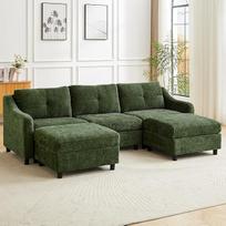 JIEXI Kampinė sofa su miego funkcija, L formos sofa, L formos sofa, kampinė sofa, sofa lova, 251 cm (tamsiai žalia, 3 sėdimos vietos + 2 taburetės)