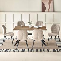 JIJIAN valgomųjų rinkiniai su tamsiai rudos spalvos mediniu valgomojo stalu ir 6 rudos spalvos kėdėmis, 140 x 80 x 76 cm stačiakampio formos valgomojo stalas su 6 ergonomiško dizaino lininėmis valgomojo kėdėmis, skirtomis valgomajam, virtuvei
