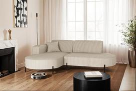 Kaiser Möbel - Kampinė sofa su gyvenamuoju peizažu, kampinė L formos sofa, minkšta sofa, patogi sofa su baldakimu svetainei, poilsio sofa, velvetinis audinys, metalinės kojelės, L formos svetainės komplektas, Modena Pure, smėlio spalvos, kairė