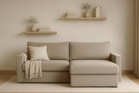 Kaiser Möbel - Kampinė sofa su miego funkcija ir lovos dėže - Kampinė sofa 224 x 140 x 85 cm - L formos sofa, gyvenamasis peizažas - Patogi sofa su baldakimu - Lubeka - Audinys Faro - Tamsiai smėlio spalvos - Dešinė