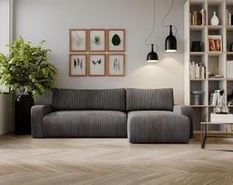 Kaiser Möbel, kampinė sofa su miego funkcija, su lovos dėže, Argon sofa lova, dizainerio sofa, modernaus dizaino sofa, minkštas kampas, laisvai pastatoma, Zoom audinys, storas velvetas, tamsiai pilka, otomanas, dešinė