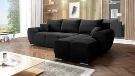 Kampinė sofa juoda pliušinė aksominė L formos 291 x 85 x 183 cm su miego funkcija ir laikymo vieta - sofa lova su lovos dėže ir pagalvėlėmis - modernūs svetainės baldai - audinys: Pliušinis aksomas 99