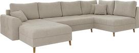 Kampinė sofa sofa Gyvenamasis kraštovaizdis 6 sėdimų vietų U formos įbrėžimams atsparus medžio masyvo kojos rudos spalvos laisvai pastatoma Boucle audinys kairė Erikas smėlio spalvos