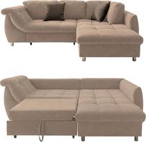 Kampinė sofa su ištraukiama miego funkcija W 250 x D 190 x H 84 cm Bangų pakaba ir patogiosios putos Ilga kėdė Osmanų dešinysis užvalkalas Šviesiai rudas mikropluošto užvalkalas 2 dekoratyvinės pagalvėlės Pilka/ruda 17011