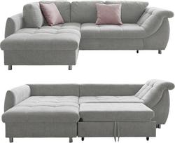 Kampinė sofa su miego funkcija ir miegamojo lova, W 250 x D 190 x H 84 cm, "Wave Support" ir "Comfort" putos, ilgas kėdės "Ottoman" kairysis užvalkalas, mikropluošto užvalkalas pilkos spalvos, 2 dekoratyvinės pagalvėlės Rose / 17002