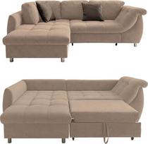 Kampinė sofa su miego funkcija ir miegamojo lova, W 250 x D 190 x H 84 cm, "Wave Support" ir "Comfort" putos, ilgas kėdės "Ottoman" kairysis užvalkalas, šviesiai rudos spalvos mikropluošto užvalkalas, 2 dekoratyvinės pagalvėlės, pilka / ruda / 17010