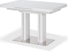 KHG išskleidžiamas valgomojo stalas su stikliniu stalviršiu, baltas, integruotas centrinis prailginimas, 120-160 cm, maksimali virtuvės stalo apkrova 100 kg, tiesus stalo kraštas su užapvalintais kampais, nerūdijančio plieno pagrindo plokštė