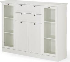 KHG Highboard Baltos spalvos varstomos durys su stiklo įdėklu, 2 stalčiai, 2 skyriai, 5 reguliuojamos lentynos, slankiojantis rėmas, medžio medžiaga, kaimo namų stilius
