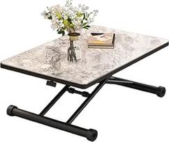 Klappbarer Couchtisch, zum Esstisch umgebaut, höhenverstellbares Design mit Holzplatte und robusten Metallkreuzbecken, platzsparend und funktional
