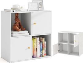 KOMFOTTEU 3 aukštų knygų spinta su 4 skyriais, laisvai pastatoma knygų spinta, lentyna su 2 durelėmis, spinta svetainei, miegamajam, kabinetui, kabinetui, 60 x 29 x 60 cm, balta