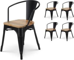 Kosmi - Lot de 4 chaises en métal Noir mat Style Industriel Factory Avec assise en Bois Naturel Clair, Fauteuils industriels Avec accoudoirs